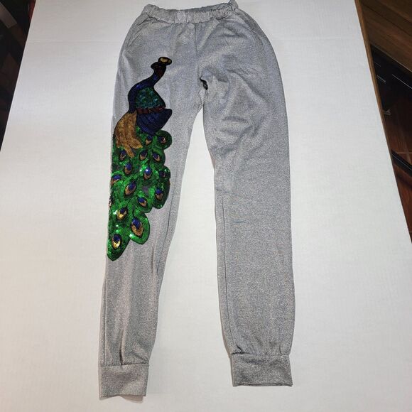 Grey Pants w/ Decorative Sequin Peacock - Size Small - Picture 2 of 5